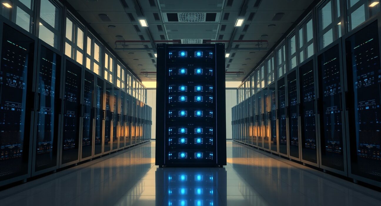 KWave AI infrastructure data center with GPU servers glowing blue, representing the pivot from Bitcoin treasury to AI computing investments.