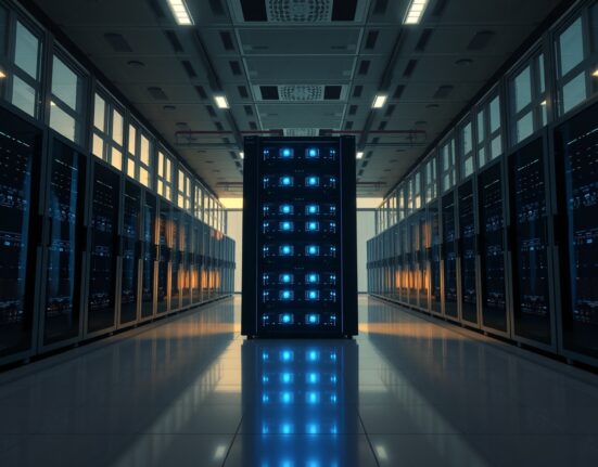 KWave AI infrastructure data center with GPU servers glowing blue, representing the pivot from Bitcoin treasury to AI computing investments.