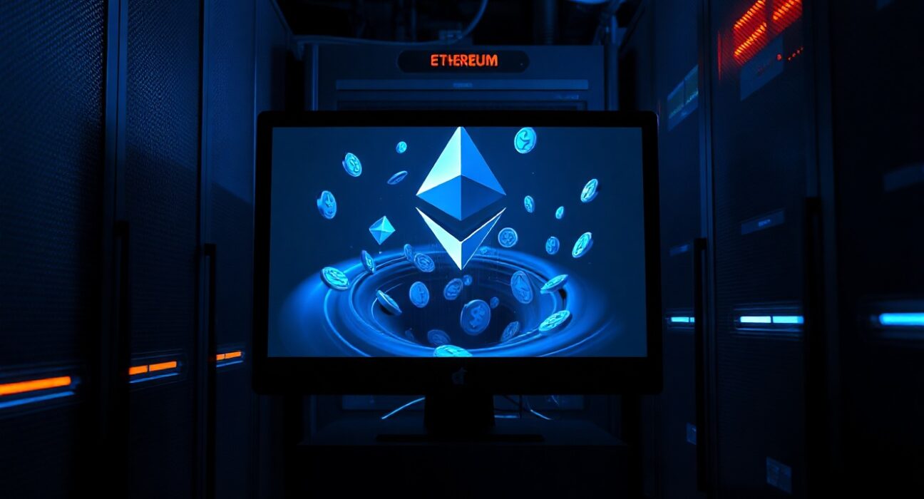 Digital representation of Ethereum tokens being funneled into a crypto mixer in a dark server room