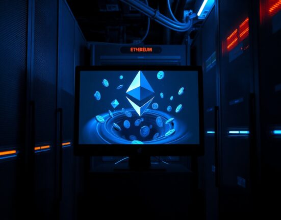 Digital representation of Ethereum tokens being funneled into a crypto mixer in a dark server room