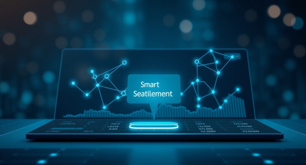 KyberSwap Smart Settlement feature interface with interconnected liquidity pool nodes on a dark blue dashboard