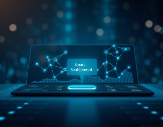 KyberSwap Smart Settlement feature interface with interconnected liquidity pool nodes on a dark blue dashboard