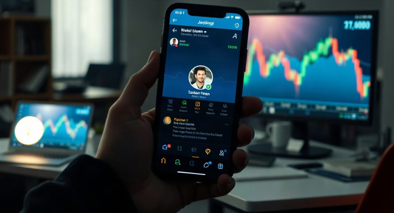 Smartphone displaying a social media profile with a cryptocurrency chart in the background