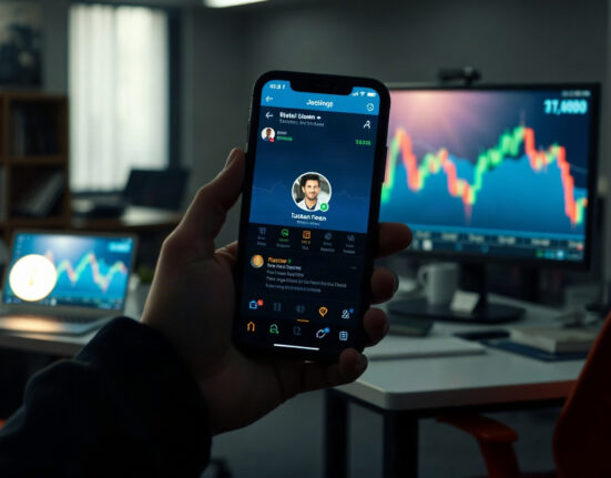 Smartphone displaying a social media profile with a cryptocurrency chart in the background