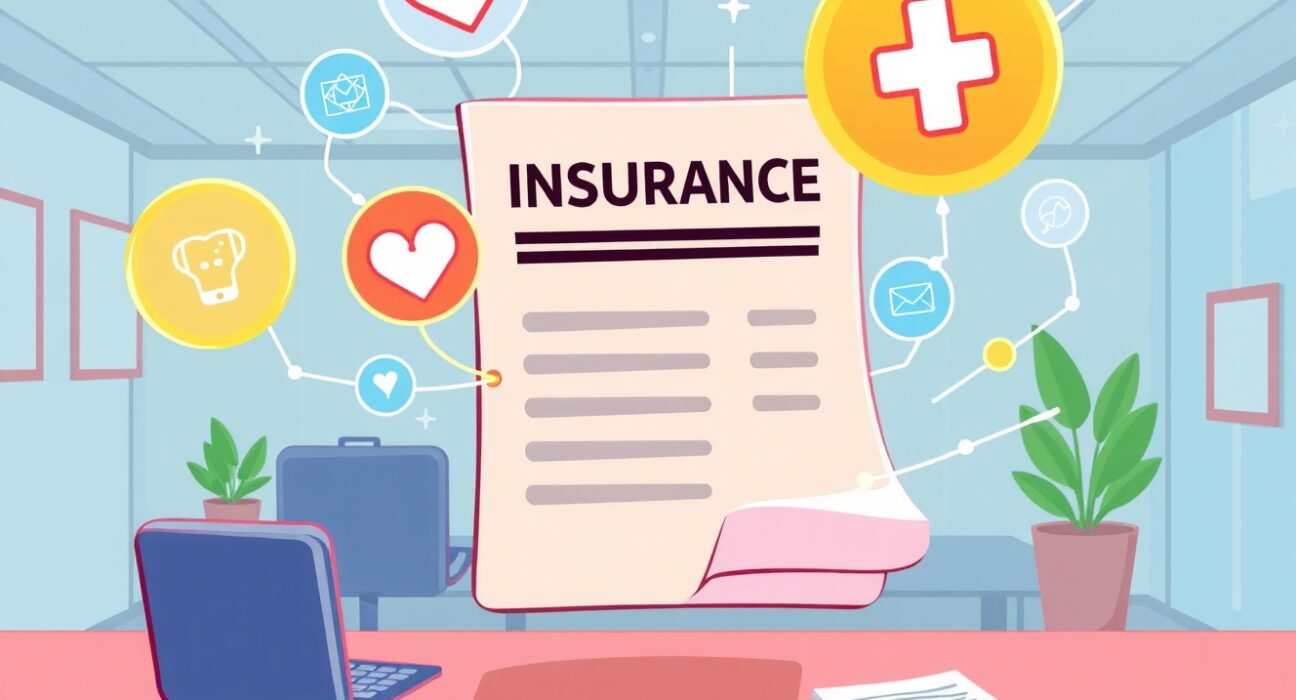 A vibrant cartoon illustrating the innovative merger of blockchain-based insurance with digital health data streams.