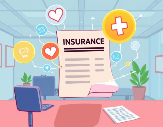 A vibrant cartoon illustrating the innovative merger of blockchain-based insurance with digital health data streams.