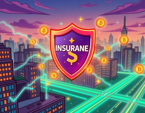 Kyobo Life Insurance Arc testnet partnership visualized as a vibrant merger of finance and blockchain technology.