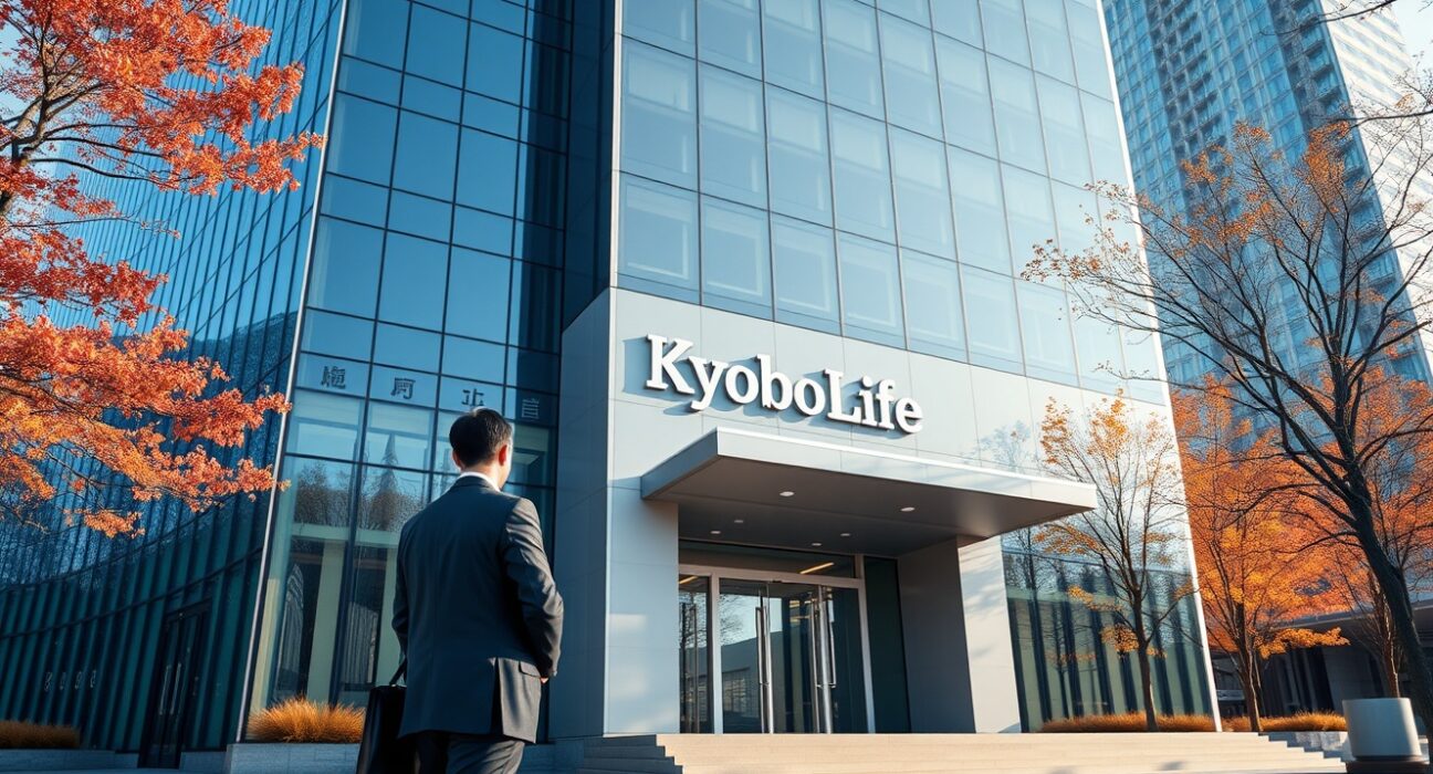 Exterior of Kyobo Life Insurance headquarters in Seoul with a professional holding a phone displaying blockchain graphics