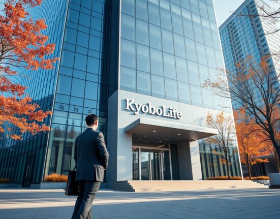 Exterior of Kyobo Life Insurance headquarters in Seoul with a professional holding a phone displaying blockchain graphics