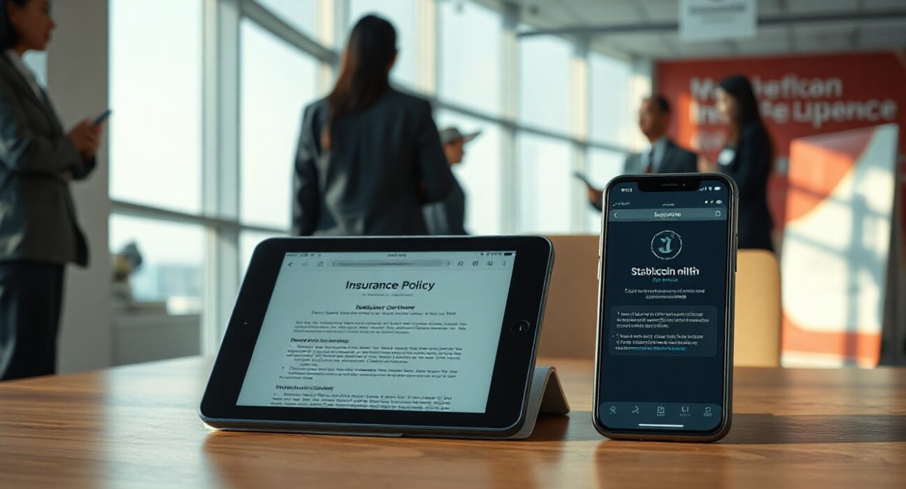 Insurance desk with tablet showing digital policy and smartphone with stablecoin transaction screen in a modern office setting.