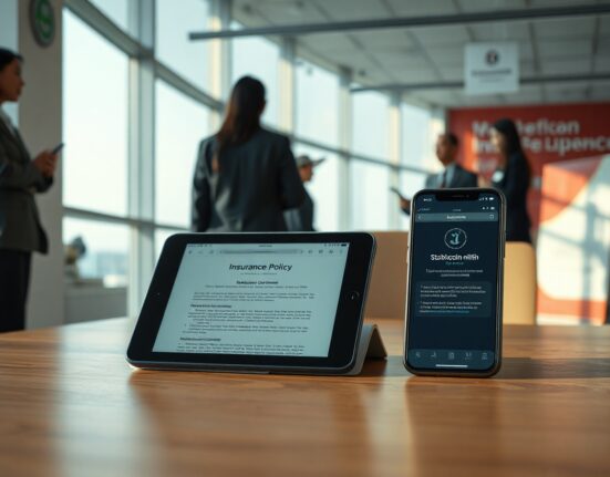 Insurance desk with tablet showing digital policy and smartphone with stablecoin transaction screen in a modern office setting.