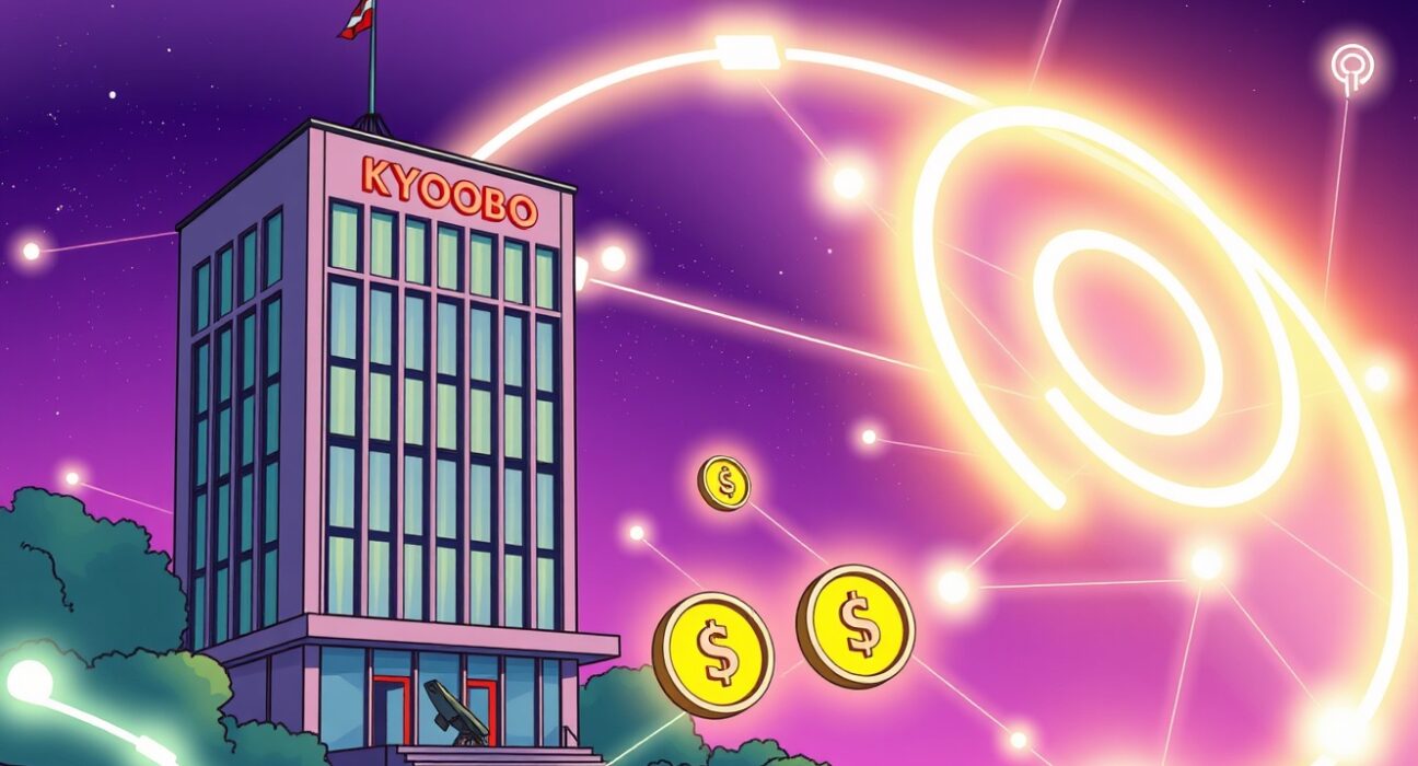 Cartoon illustration showing Kyobo Life Insurance's strategic move into stablecoin experimentation, symbolizing a bridge between traditional finance and blockchain.