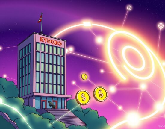 Cartoon illustration showing Kyobo Life Insurance's strategic move into stablecoin experimentation, symbolizing a bridge between traditional finance and blockchain.