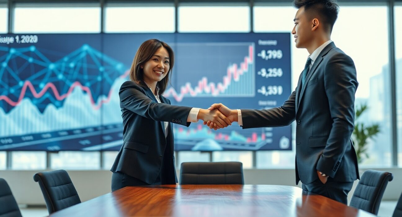 Business professionals shaking hands in a modern Seoul office with digital asset graphics on a screen