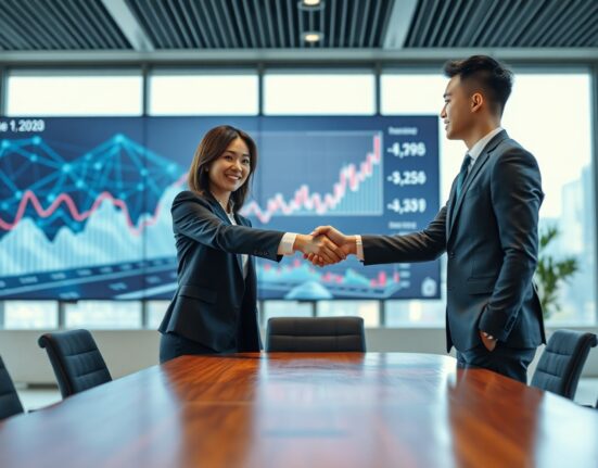 Business professionals shaking hands in a modern Seoul office with digital asset graphics on a screen