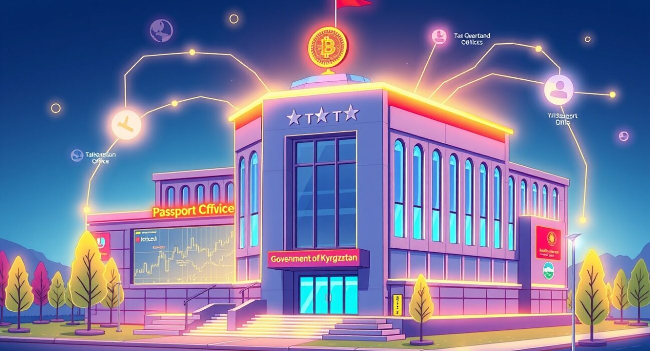 Cartoon illustration showing Kyrgyzstan blockchain services transforming government operations, symbolizing a future of digital efficiency and transparency.