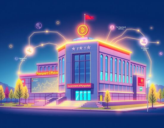 Cartoon illustration showing Kyrgyzstan blockchain services transforming government operations, symbolizing a future of digital efficiency and transparency.