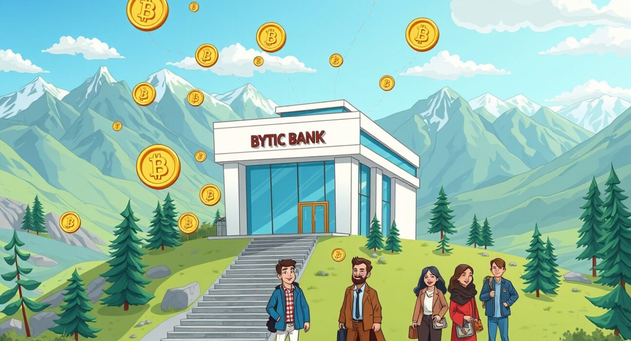 A cartoon illustration showing the new Kyrgyzstan digital asset bank attracting foreign investment and digital currency, symbolizing economic growth.