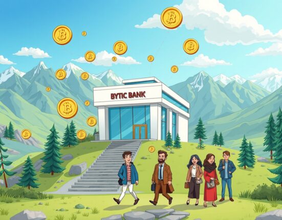 A cartoon illustration showing the new Kyrgyzstan digital asset bank attracting foreign investment and digital currency, symbolizing economic growth.