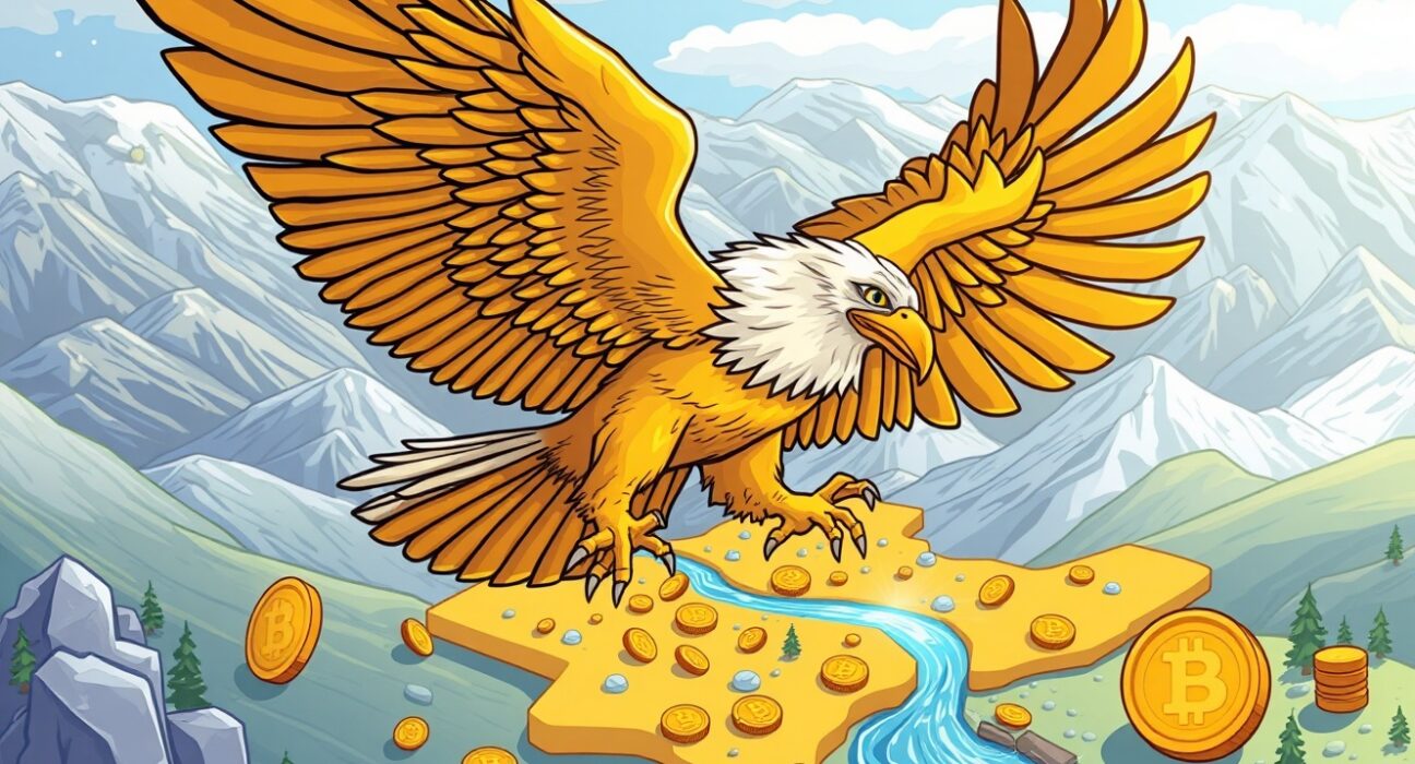 A golden eagle symbolizes Kyrgyzstan's revolutionary gold-backed stablecoin launching to modernize finance.