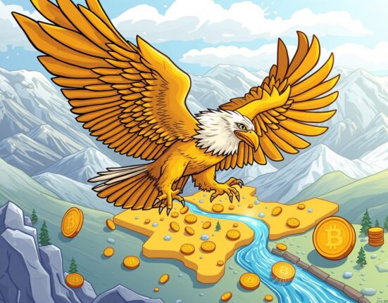 A golden eagle symbolizes Kyrgyzstan's revolutionary gold-backed stablecoin launching to modernize finance.