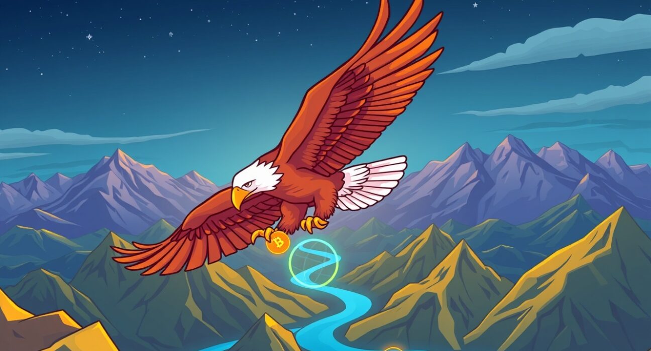 A cartoon eagle holding a digital coin, representing Kyrgyzstan's bold move to establish national crypto reserves and state-led mining.