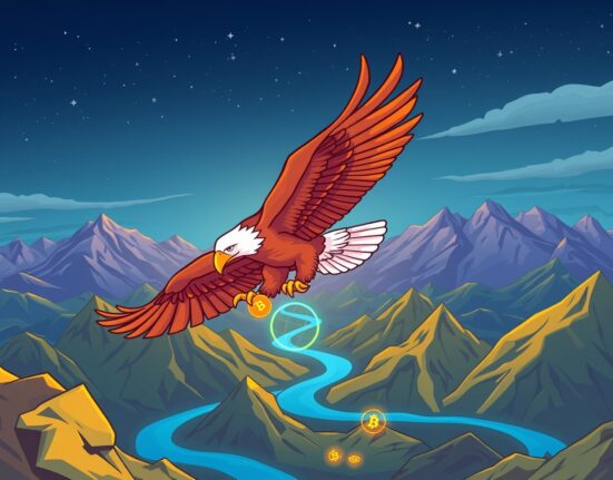 A cartoon eagle holding a digital coin, representing Kyrgyzstan's bold move to establish national crypto reserves and state-led mining.