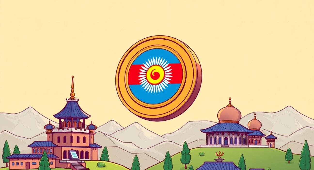 Cartoon showing Kyrgyzstan's national stablecoin bringing digital innovation to the country's financial system.