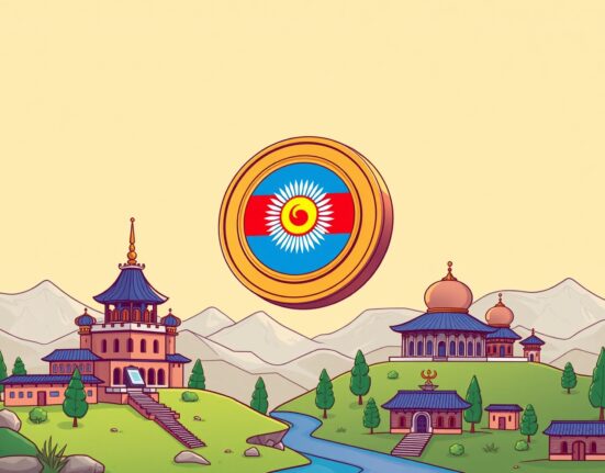 Cartoon showing Kyrgyzstan's national stablecoin bringing digital innovation to the country's financial system.