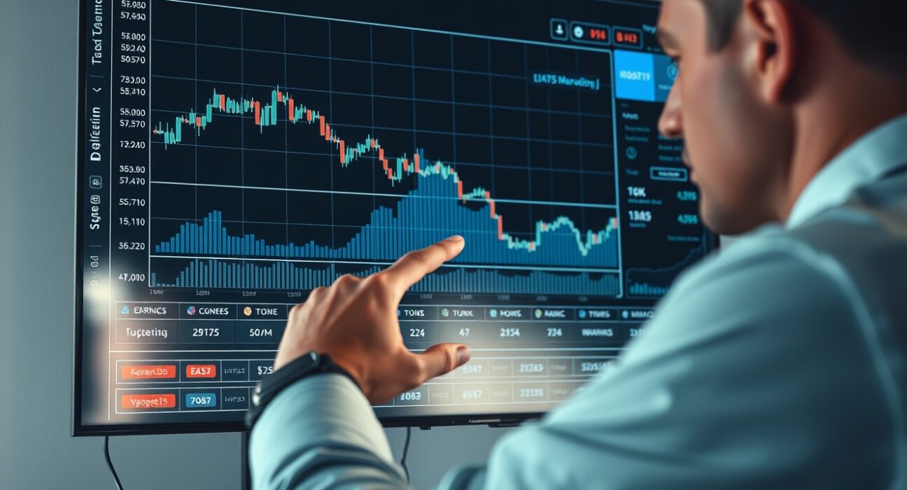 Data analyst reviewing blockchain charts and token price graphs on a large screen in a modern office setting