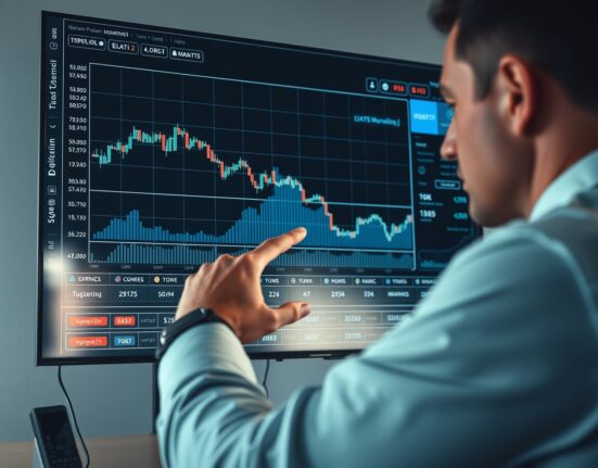 Data analyst reviewing blockchain charts and token price graphs on a large screen in a modern office setting