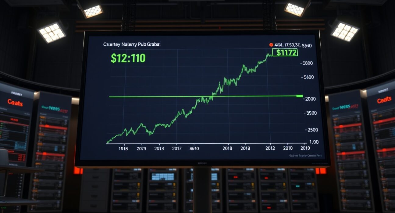 Cryptocurrency trading chart showing LAB price surge past $12 on a newsroom display