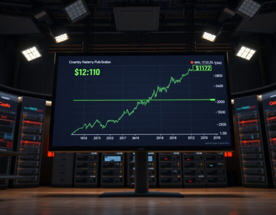 Cryptocurrency trading chart showing LAB price surge past $12 on a newsroom display