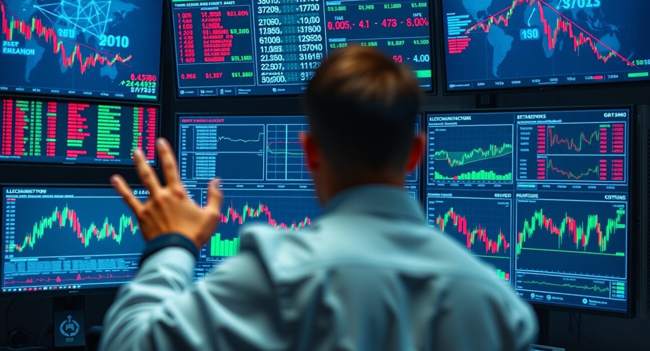 A financial monitoring room with screens showing blockchain transaction data and charts, representing on-chain analysis of the LAB project token transfer.