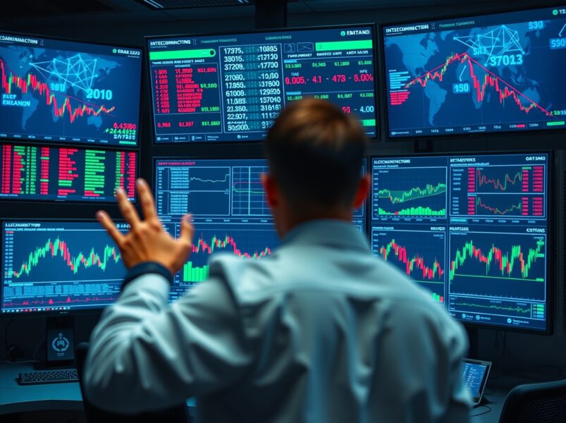 A financial monitoring room with screens showing blockchain transaction data and charts, representing on-chain analysis of the LAB project token transfer.