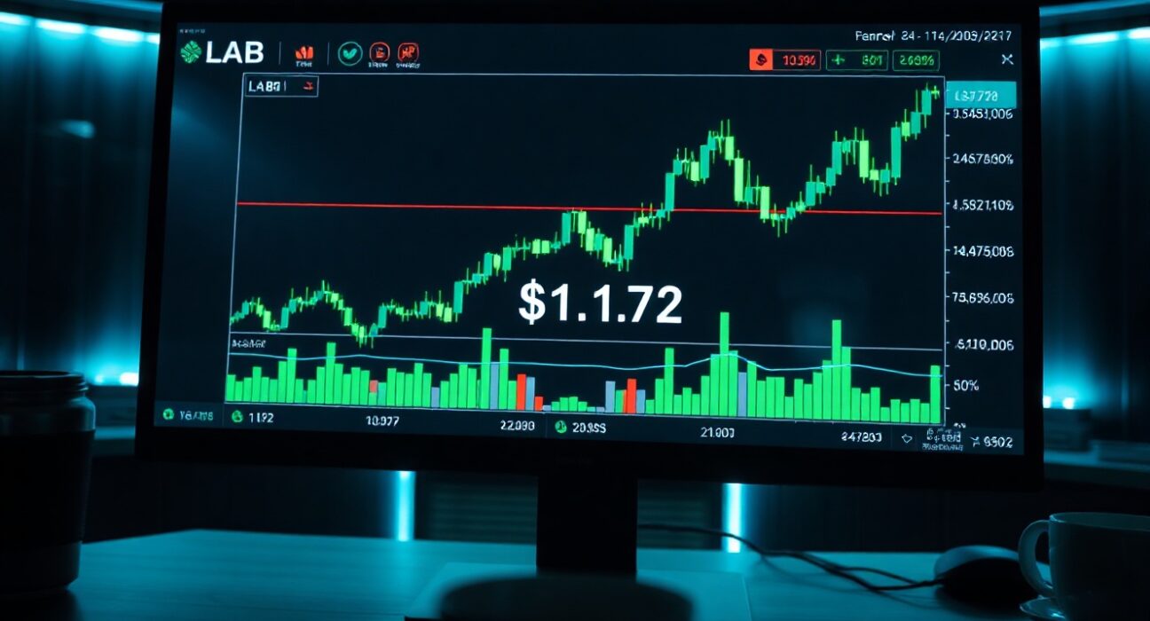 Close-up of a trading screen showing a sharp upward spike in the LAB cryptocurrency price to $11.72.