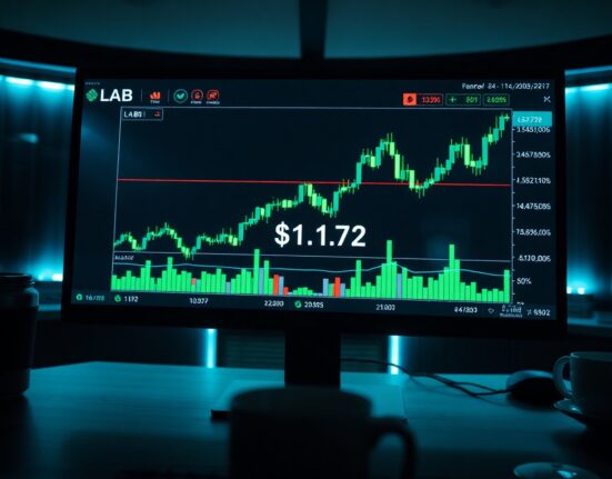 Close-up of a trading screen showing a sharp upward spike in the LAB cryptocurrency price to $11.72.