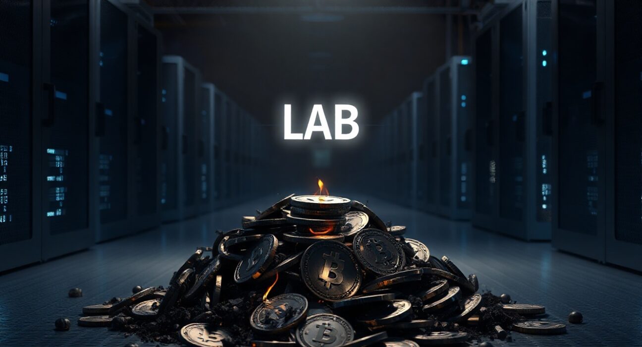 A pile of burnt digital tokens with a glowing LAB symbol in a dark server room, representing a token burn event.