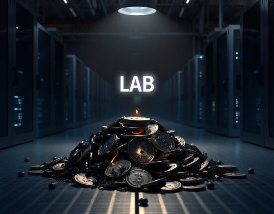 A pile of burnt digital tokens with a glowing LAB symbol in a dark server room, representing a token burn event.