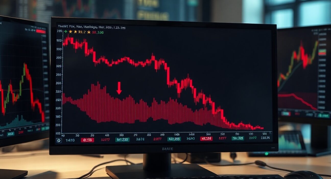 Downward red candlestick chart on a trading screen showing a sharp cryptocurrency price drop