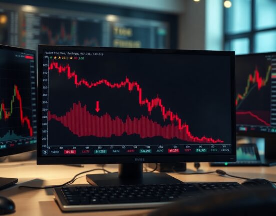 Downward red candlestick chart on a trading screen showing a sharp cryptocurrency price drop