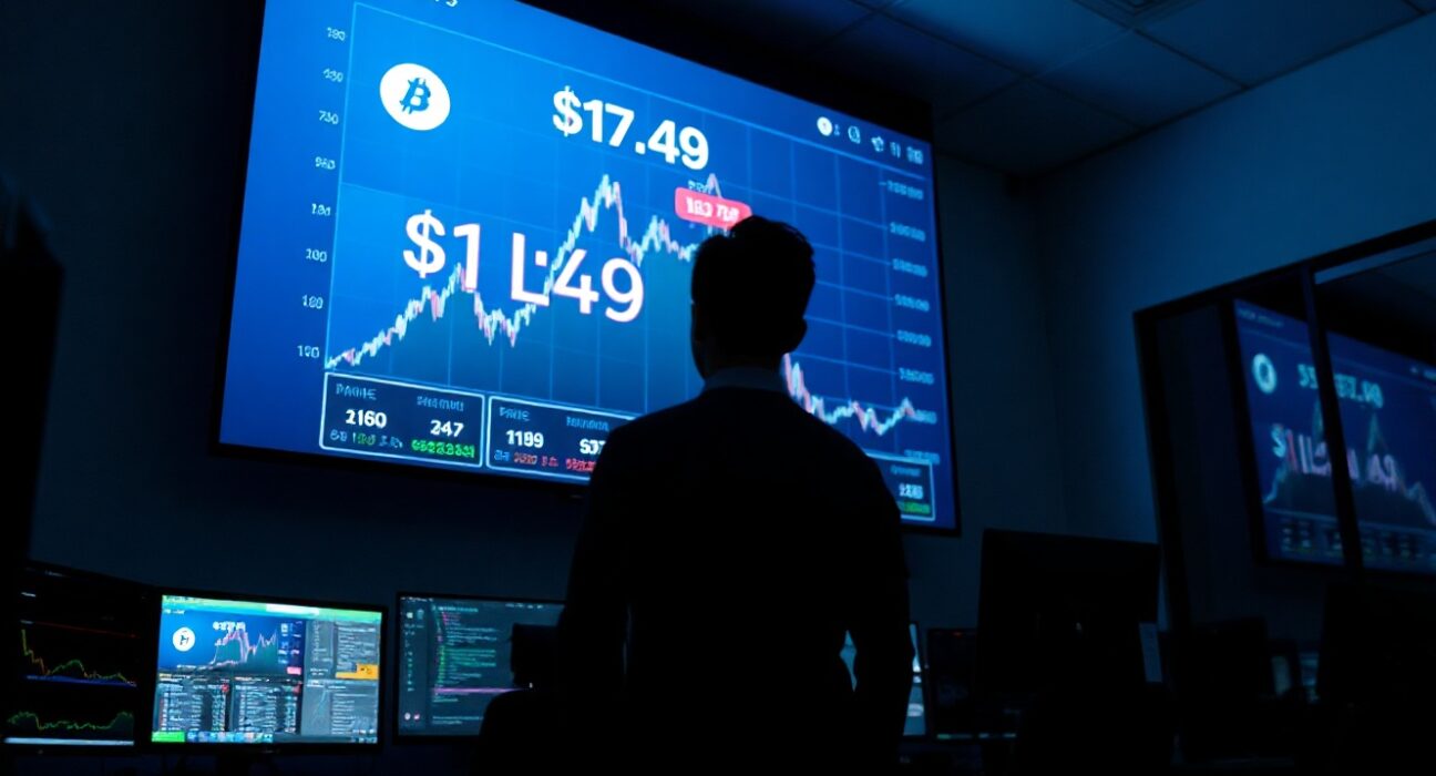 LAB token price chart showing a surge to $17.49 in a dimly lit trading room with an analyst observing