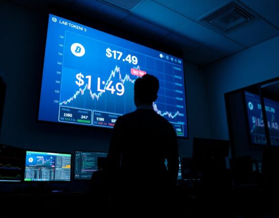 LAB token price chart showing a surge to $17.49 in a dimly lit trading room with an analyst observing