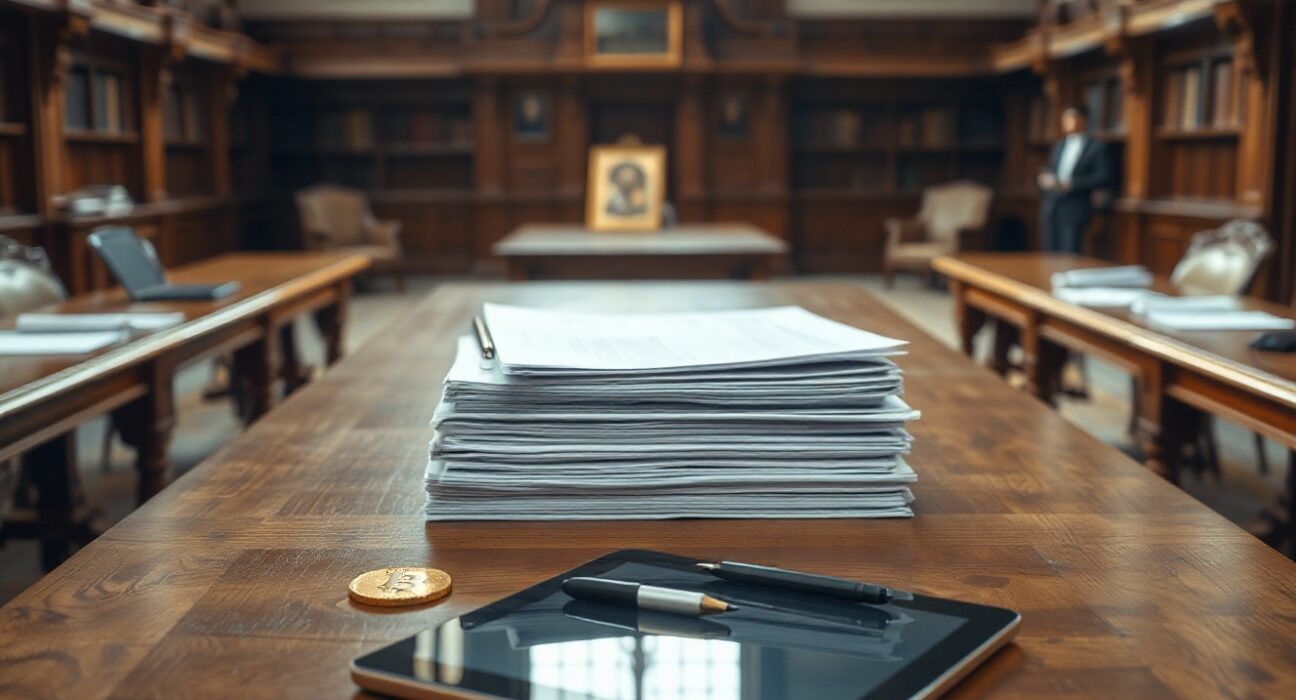 UK parliamentary desk with documents and a digital tablet showing cryptocurrency symbols