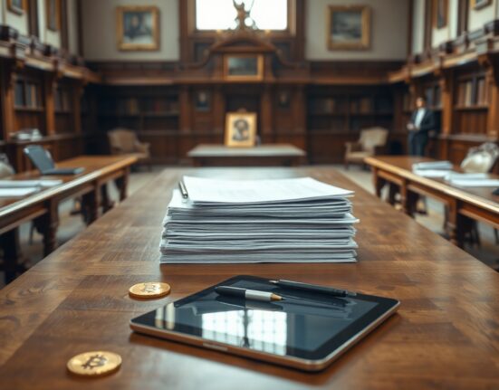 UK parliamentary desk with documents and a digital tablet showing cryptocurrency symbols