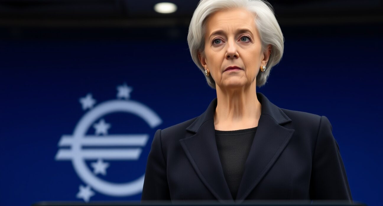 ECB President Christine Lagarde speaking at a press conference about bond market volatility