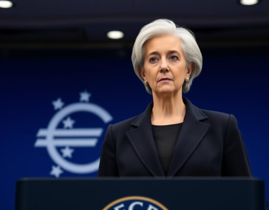 ECB President Christine Lagarde speaking at a press conference about bond market volatility