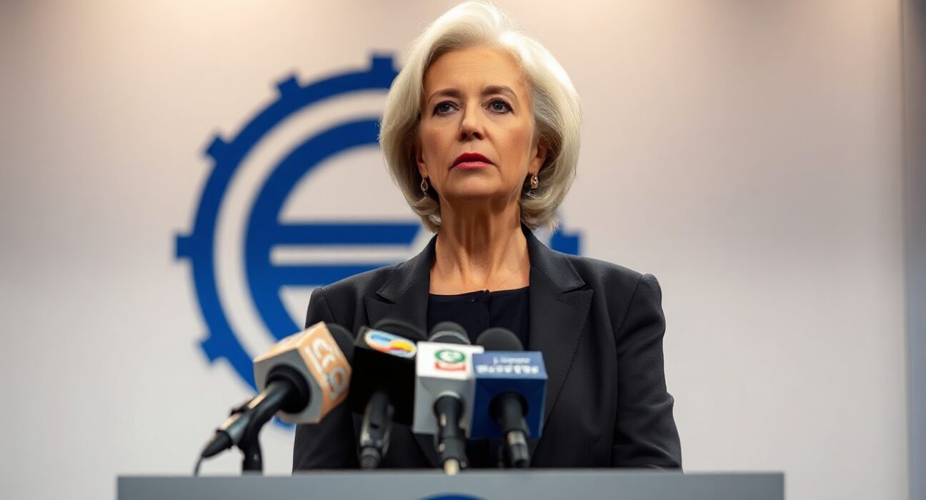 ECB President Christine Lagarde speaking at a press conference in Frankfurt