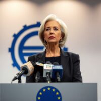 ECB President Christine Lagarde speaking at a press conference in Frankfurt