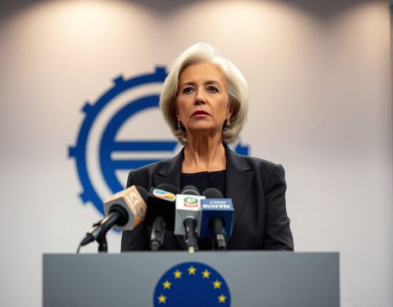 ECB President Christine Lagarde speaking at a press conference in Frankfurt